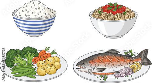 Cute cartoon food set featuring rice, spaghetti, vegetables, and grilled fish, perfect for healthy eating, meal planning, or culinary vector illustrations for menus and education