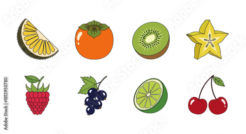 Assortment of vibrant fruit slices and whole pieces on white background