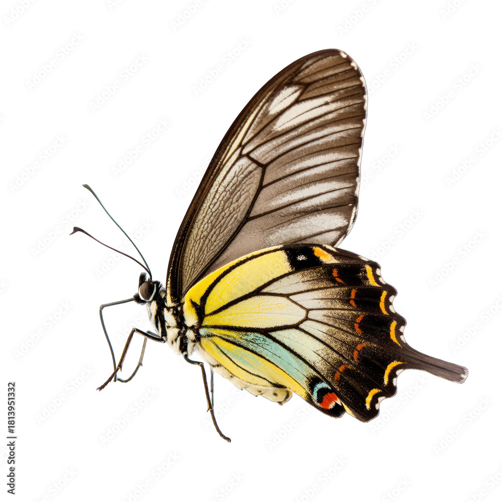 Obraz premium Detailed Close Up Of A Swallowtail Butterfly With Intricate Wing Patterns In Yellow Black And Blue Against A Black Background Isolated Studio Shot