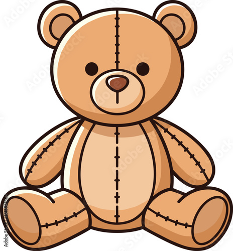 Cute cartoon teddy bear with visible stitching, sitting calmly with a friendly expression, perfect for kids’ toys, comfort themes, or nostalgic vector illustrations for gifts and education
