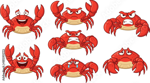 Cute red cartoon crab set showing various emotions like happy, angry, sad, and surprised, perfect for educational, kids’ content, or expressive vector illustrations for apps and games