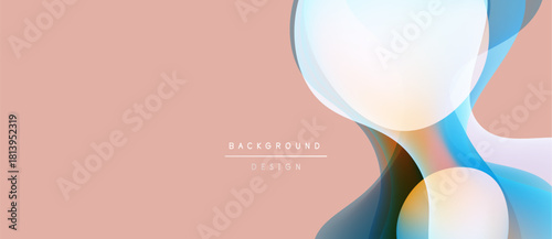 Abstract design features flowing shapes, soft colors. Peach background complements layered translucent forms. Minimalist aesthetic, modern presentation.