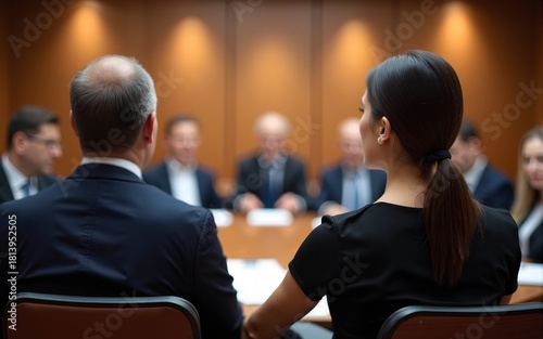 Selective focus to business woman sitting with blurry chairman of the meeting and executive committee background in auditorium for shareholders meeting or seminar event, Annual shareholder meeting.