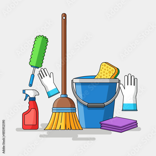 A collection of cleaning supplies including a broom, bucket, spray bottle, gloves, sponge, and microfiber cloths.