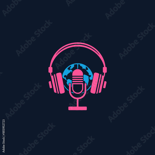 A stylized illustration of a microphone and headphones superimposed on a globe, representing global broadcasting or podcasting.