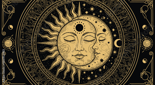 Celestial sun and moon faces with ornate border