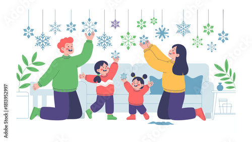 Joyful Family in Festive Winter Scene: A family united in playful wonder, reaches for delicate snowflakes, creating a whimsical winter scene, showcasing family bond. 