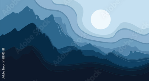 Layered blue mountain landscape with sun