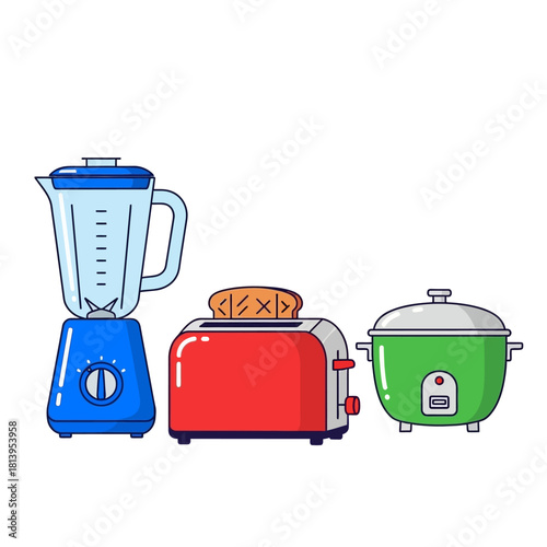 Kitchen Appliances Illustration Set – Blender, Toaster and Rice Cooker Vector