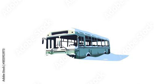 Abandoned green bus with snowdrift on white background  