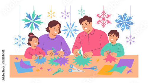 Family Arts and Craft: A family spends quality time together, creating festive decorations in a vibrant display of creativity and bonding. Decorating the home.