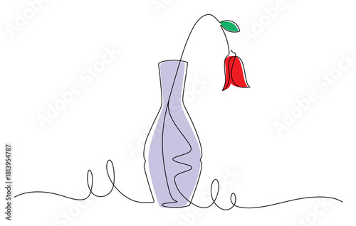 Continuous line art of a wilting rose with curved lines. A popular plant concept. This image is for a flower shop banner. Vector illustration with attractive colors.