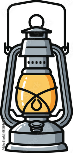 A vintage kerosene or oil lantern icon with a thick black outline, showing a bright yellow glow inside, rendered in a flat vector style.