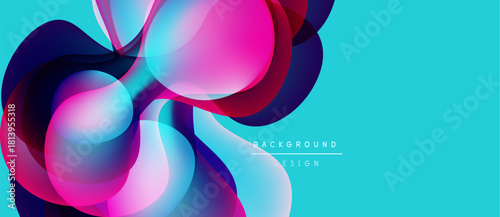 Abstract fluid shapes overlap, creating vibrant color gradients. Turquoise background complements dynamic composition. Modern design element.