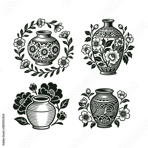 Vintage engraving style illustration set featuring various decorative vases and flower arrangements, vector template