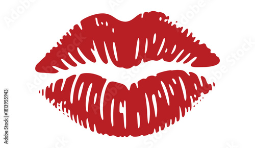 Illustration of Red Lip Kiss Mark Isolated on White Backdrop as Love and Passion Symbol with Bold Outline for Fashion and Beauty Print and Graphic Design Exactly 200 Characters