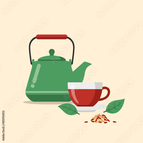 A flat vector illustration of a green teapot, a red cup of herbal tea, and fresh leaves on a light background.