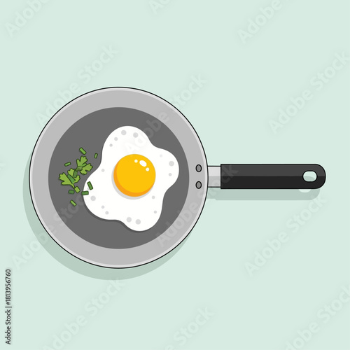 A top-down illustration of a fried egg in a pan with some parsley.