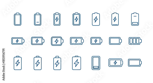Battery icons set charge indicators for energy and power concepts