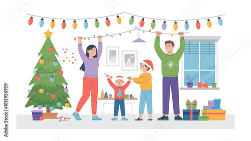 Festive Family Moment: A heartwarming scene unfolds as a family gathers to decorate their home for the holiday season, with lights and a Christmas tree adding to the cheer. 