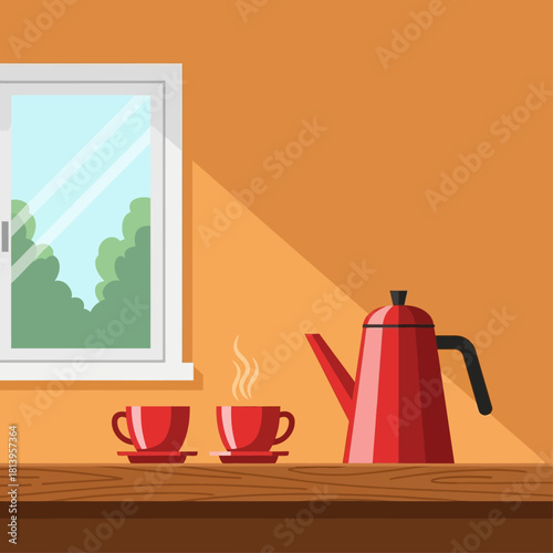 Red coffee pot and two steaming cups on a wooden table by a window with trees outside, bathed in sunlight.