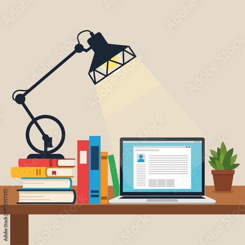 A desk with a stack of books, a desk lamp, a laptop, and a potted plant.