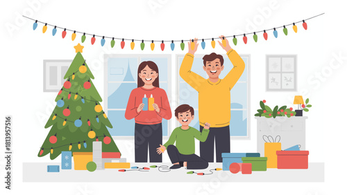 Festive Family Moment: A joyous family adorns a brightly lit Christmas tree, surrounded by colorful presents and cheerful decorations, embodying the spirit of the holiday season and shared happiness.