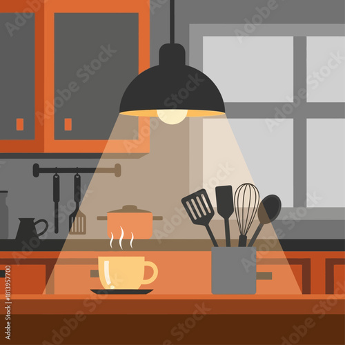 A cozy kitchen scene with a hanging lamp illuminating a cup and pot.