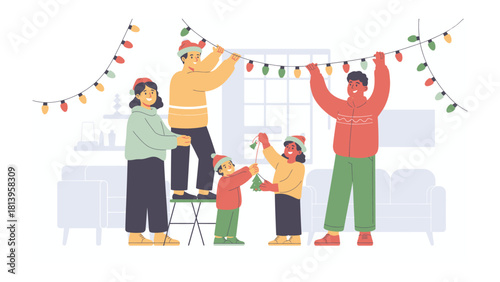 Holiday Cheer: A family collaborates in decorating, stringing cheerful lights to embrace the festive spirit in anticipation of the upcoming holiday season.