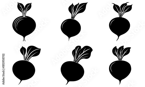 Illustration of six black and white beetroots with leaves in various orientations and arrangements