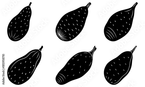 Six stylized black and white prickly pears arranged in two rows on a white background drawing