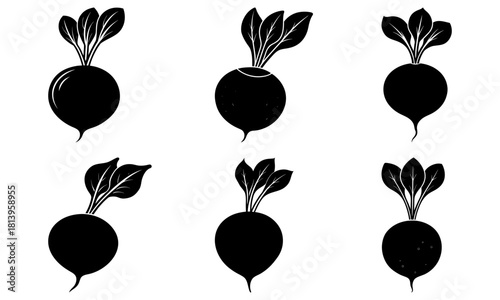 Six black and white silhouette illustrations of radishes with leafy tops in various orientations