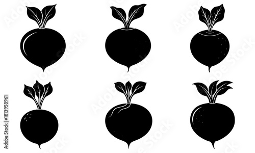 Six black silhouette radishes with leaves arranged in two rows on a white background image art