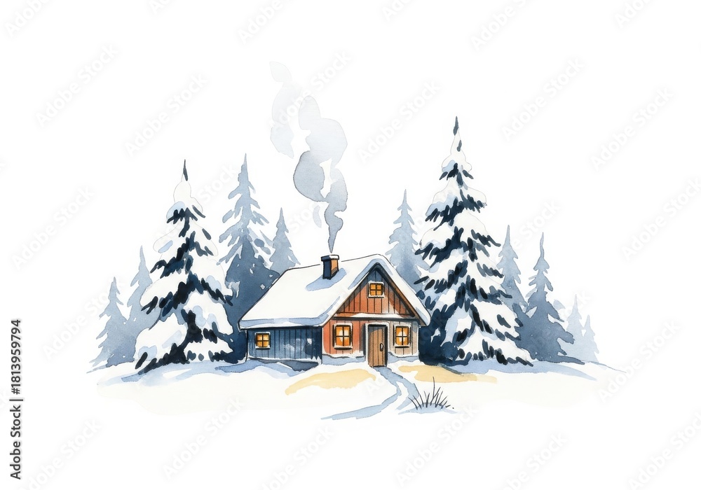 Naklejka premium Winter Cabin Watercolor Illustration - A cozy cabin scene illustrated in watercolor. Represents warmth, home, peace, nature, and winter