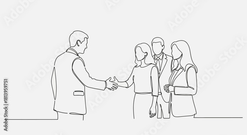 Continuous line drawing of business handshake representing partnership and teamwork agreement with