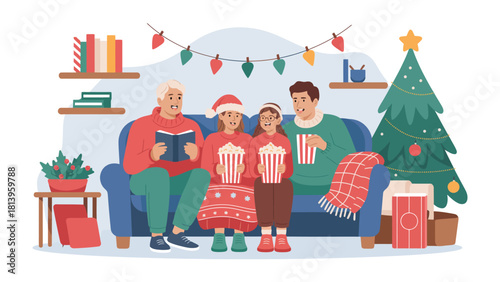 Cozy Christmas Moments: A heartwarming scene unfolds as a family gathers on a comfortable sofa during Christmas, enjoying festive snacks, surrounded by holiday decorations, books and a decorated tree.
