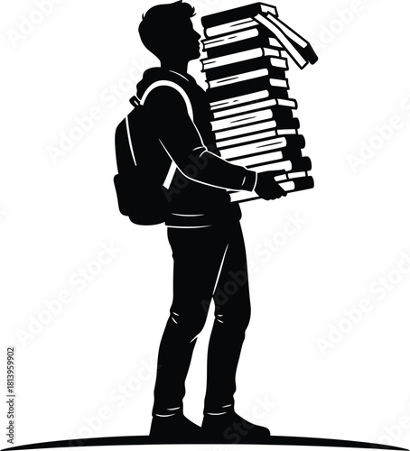 Student Silhouette Carrying a Large Stack of Books