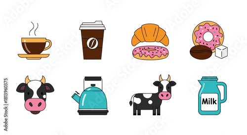 Breakfast icons cup of coffee milk cow croissant donut coffee beans
