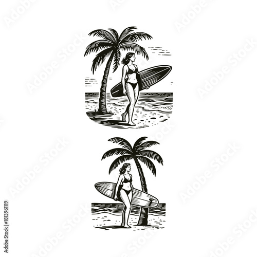 Vintage engraving style illustration of a young woman in a bikini holding a surfboard on a tropical beach with palm trees, vector template