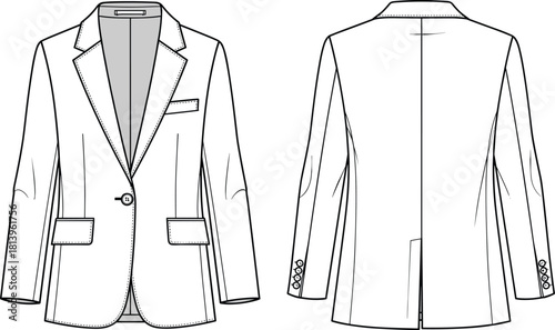 Professional blazer jacket fashion flat sketch with front and back technical illustration details for apparel design and garment production workflows