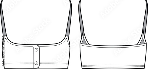 Minimalist women’s crop top flat sketch with narrow straps, front button placket, clean seams, structured silhouette, and modern technical vector fashion illustration