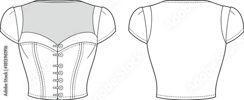 Elegant corset-style short-sleeve top flat sketch featuring sweetheart neckline, mesh yoke, front button closure, structured seams, and detailed vector fashion illustration