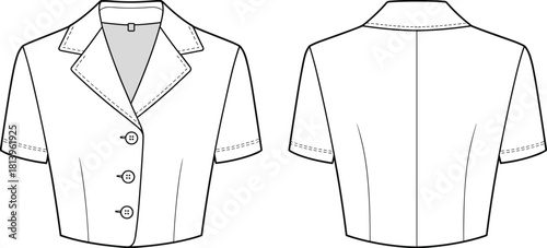Elegant short-sleeve blouse flat sketch featuring notched lapel collar, three-button front closure, tailored seams, and clean vector technical apparel design illustration