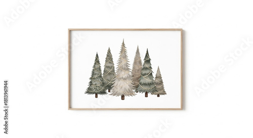 Neutral Watercolor Christmas Trees with Soft Lights in Wooden Frame Illustration
