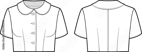 Vintage-inspired short-sleeve blouse flat sketch with rounded Peter Pan collar, front buttons, tailored seams, and clean vector apparel design technical illustration