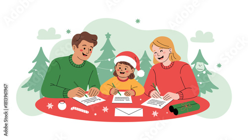 Christmas Wishes: A family seated together, sharing an intimate moment, each penning their thoughts on paper. This image captures the essence of closeness and the spirit of the season.
