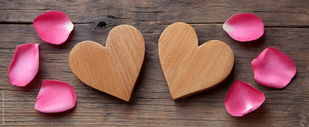 Obraz premium Two charming wooden hearts rest on a weathered rustic table surrounded by soft petals