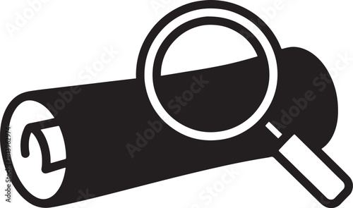 Black magnifying glass over rolled paper document search research