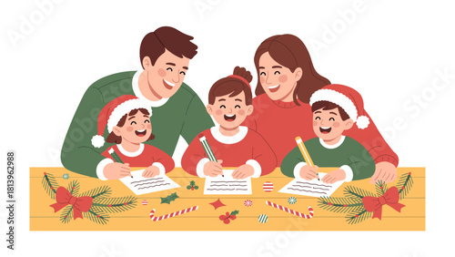 Holiday Writing: A family is enjoying the holiday spirit by writing letters, with a sense of connection and creativity. Everyone is immersed in the joy of creating.