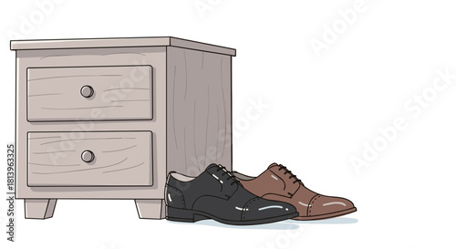Polished shoes positioned beside wooden dresser in minimalist style  